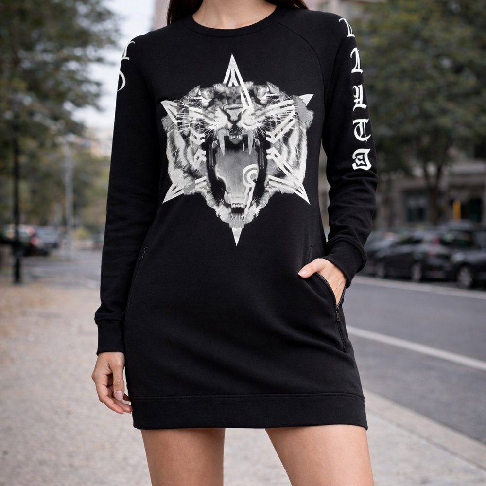 Marcelo Burlon County of Milan Tiger Graphic Sweatshirt DressXS Black Streetwear - Picture 1 of 10